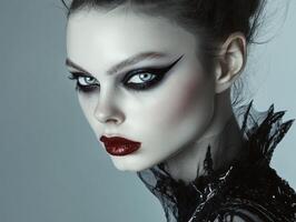 Dark, dramatic portrait of a woman with bold eyeliner, striking red lips, and intense gaze. She wears an intricate black lace garment, creating a gothic and mysterious aesthetic photo