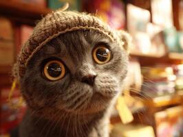 Gray cat with large, curious eyes wears a knitted brown hat. Warm lighting in background. Cat's expression is inquisitive, adding charm and humor to the playful composition photo