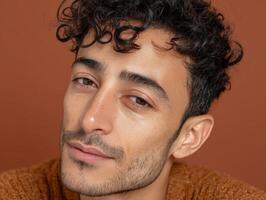 Curly-haired person with facial hair gazes softly at the camera, wearing a light brown sweater. Warm and inviting expression enhances the intimate portrait style photo