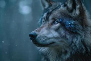 Wolf gazing into the distance, illuminated by subtle blue cosmos-like patterns on its fur, amidst a soft-focus wintery scene with falling snowflakes and a calm, introspective mood photo