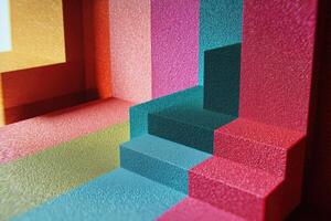 Colorful three-dimensional geometric pattern with textured surfaces. It features overlapping rectangles and squares in pink, red, teal, yellow, and orange, creating an abstract visual photo