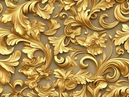 Intricate gold floral pattern featuring swirling leaves and flowers. The detailed design highlights elegant, flowing shapes and intricate textures, creating a luxurious, ornate visual effect photo