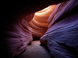Curved rock formations create a tunnel-like path with vibrant hues of orange, purple, and pink. The light illuminates the textured walls, creating a dramatic interplay of shadows and highlights photo