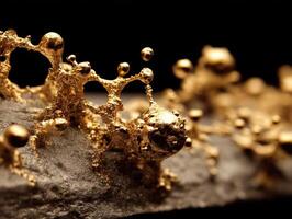 Golden, organic structures resembling molten metal formations, with spherical and irregular shapes, scattered on a textured surface, casting shadows, and featuring intricate details photo