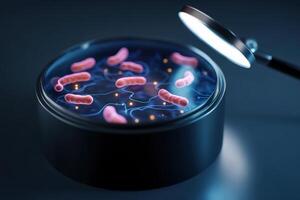 Pink bacterial-like structures float in a dark petri dish illuminated by a magnifying lamp. Thin, wavy lines connect them, creating a network-like appearance photo
