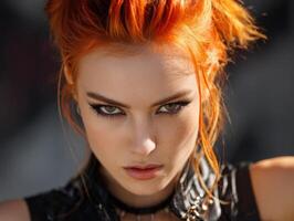 Fiery-haired person with intense gaze and dramatic makeup, wearing a dark outfit with metallic details. Sunlight highlights hair, creating a striking blend of shadows and brightness photo