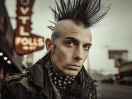 Edgy individual with a tall, spiked mohawk hairstyle, wearing a studded scarf and rugged jacket. Background features neon signs and a slightly blurred urban street setting photo