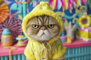 Grumpy cat wearing a bright yellow, sequined hoodie stands against a colorful, vibrant background featuring various tropical decorations, including a starfish and beach-themed items photo