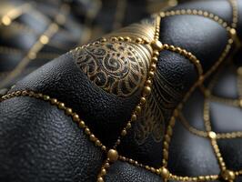 Luxurious black textured material with intricate golden patterns and elegant stitching forms a quilt-like design. The ornate details and shiny beads add sophistication and opulence photo