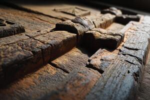 Rough wooden door adorned with intricate carvings, highlighted by soft light, showcasing aged texture and craftsmanship. The focus is on detailed wood grain and sculpted shapes photo