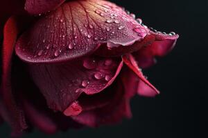 Raindrops delicately cover deep red petals, casting a soft, ethereal glow on their velvety texture. The close-up view accentuates the fine details of the intricate floral structure photo