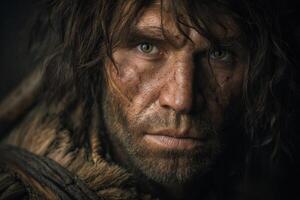 Shaggy-haired man with rugged face, intense expression, and earthy attire, evoking a prehistoric vibe. Dirt smeared across skin enhances the raw, primal appearance of the subject photo