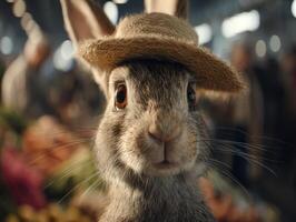Cute rabbit wearing a straw hat, front view, blurry market background, fur details visible, large expressive eyes, soft lighting, vibrant colors, playful and charming atmosphere photo