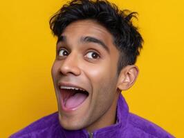 A man with dark hair and an open mouth expresses joy, wearing a vivid purple jacket on a bright yellow background. His expression is animated and lively, reflected in his energetic eyes photo