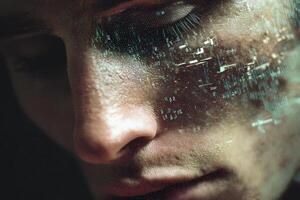 A close-up of a person's face with holographic digital symbols and patterns projected onto their skin, blending technology with human features, creating a futuristic and surreal aesthetic photo