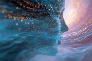 Digital profile immersed in a swirl of light, with pixels forming abstract patterns on a face against a dynamic, ethereal background. Vibrant colors blend, suggesting connectivity and technology photo