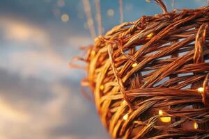 Woven basket close-up with glowing lights intertwined among the strands, set against a cloudy sky. Soft bokeh effect adds warmth and a dreamy atmosphere, enhancing the rustic texture photo