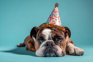 Bulldog wearing a festive, colorful party hat rests with a tired expression, adorned with a gold, shiny fringe around the base of the hat, eyes conveying a sense of calm and relaxation photo