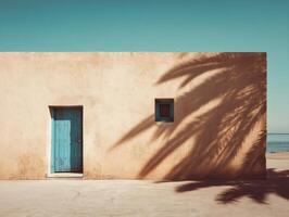 Clay-colored wall with a blue wooden door and small window, casting a dramatic palm tree shadow in an arid setting under a clear sky, evoking a serene and minimalistic desert vibe photo