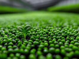 Tiny green seedling emerges among a field of round, lush, dew-covered plants in a focused, close-up shot. Soft edges and blurred background convey a sense of growth and fresh beginnings photo