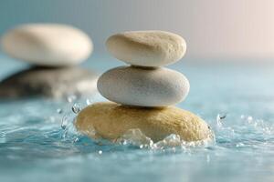 Stacked stones balanced carefully on a smooth surface, surrounded by rippling water, creating a serene and calming atmosphere. The image emphasizes harmony and tranquility photo