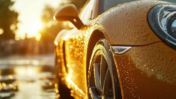 Orange sports car with rain droplets, illuminated by vibrant sunset, highlighting sleek curves and details. Reflections and bokeh effect add to the visual impact and mood photo