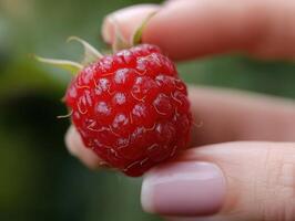 A close-up of a ripe red raspberry held between two fingers, with a focus on the detailed texture of the fruit. The background is blurred, highlighting the main subject photo