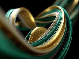 Abstract flowing ribbons in green, gold, and white with sparkling particles create a dynamic and elegant composition. The shapes twist and curve intricately, offering a sense of motion photo