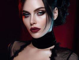 Elegant woman with dark hair styled in an updo, wearing bold red lipstick and dramatic eye makeup. She dons a lace-trimmed black sheer top with a velvet choker, exuding glamour photo