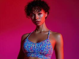 Curly-haired person wearing a colorful patterned sports bra, posing confidently against a vibrant gradient lighting. Their expression is poised and focused, with a bokeh effect photo
