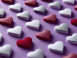 Red, pink, and white heart-shaped paper cutouts arranged in a diagonal pattern. The hearts appear layered and create a charming three-dimensional effect photo