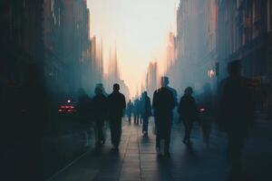 Silhouettes of people walking on a city street at twilight, with tall buildings lining the sides and a misty atmosphere creating a dreamy, mysterious, and moody ambiance photo