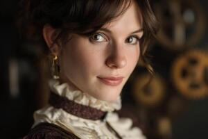 Woman with soft expression, curly brown hair, elegant ruffled blouse, gears in soft focus background, wearing gold earrings, warm subtle lighting enhances classic, vintage aesthetic photo