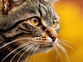 Close-up of a tabby cat with striking yellow eyes facing right. The fur has a mix of brown and black stripes. Long white whiskers stand out against its soft fur. Warm yellow background photo