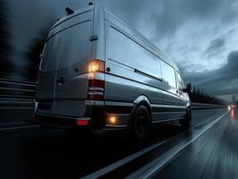 Silver van drives swiftly on a wet, reflective highway at dusk, tail lights illuminated. Trees blur in the background, suggesting speed. The van's sleek design contrasts with the moody sky photo