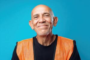 Smiling bald man wearing a bright orange safety vest over a black shirt. His expression is warm and friendly, with a light beard visible on his chin. Blue background contrasts nicely with attire photo