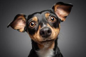Cute dog with large ears and expressive eyes gazes directly at the camera, showcasing its tri-color fur pattern. The high contrast enhances the details of its face and soft fur photo