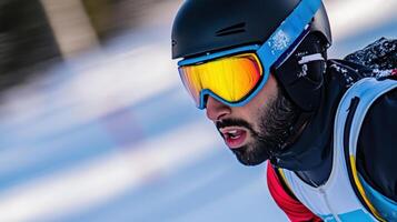 A focused skier in a helmet with reflective goggles and a serious expression races downhill. The background is blurred to show motion, and there's a hint of a snow-covered landscape photo