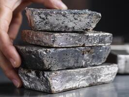 Stack of four rough, metallic bars with a hand adjusting them, showcasing the textured surface and edges. The bars have a rugged, uneven appearance, suggesting premium material photo