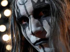 Monochrome face paint covers a person's intense expression with intricate black patterns. Long hair partially obscures the mysterious and dramatic face, highlighted by bokeh lights photo