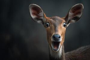 A deer with wide eyes and an open mouth appears surprised or curious. Its large ears point forward, capturing the viewer's attention while a dark, blurred background adds depth photo