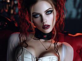Model with striking makeup and intense gaze, adorned in dark choker and red lips, against a shadowed background. Her wavy, red hair frames her face and waist-cinched attire photo