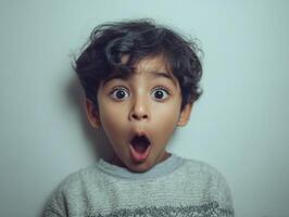 Young child with curly hair displays a wide-eyed, surprised expression, mouth open in shock, wearing a light gray sweater. The background is simple, enhancing the child's expression photo