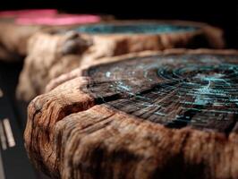 Cross-section of tree trunk showcasing annual rings, highlighted with intricate blue digital patterns, surrounded by natural wood texture, blurred background. No visible text photo