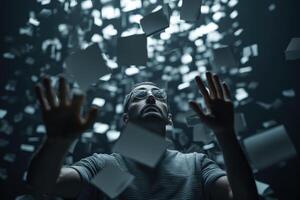 A man in glasses and a striped shirt reaches out as numerous papers float around him. The dim lighting creates a dramatic and immersive atmosphere, emphasizing movement and depth photo