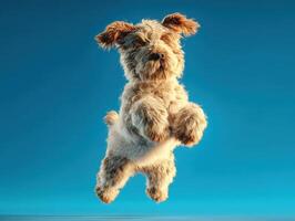 Furry brown dog joyfully mid-jump, fluffy ears flapping. Its playful expression captures a sense of motion and excitement, creating an uplifting atmosphere photo