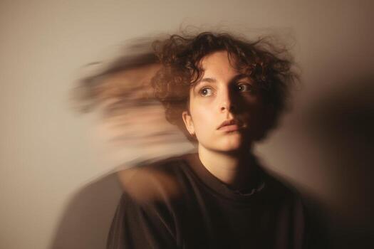A person with curly hair in a dark shirt, looking to the side, with a motion blur effect showing a duplicate face next to them, creating a sense of movement and emotion photo