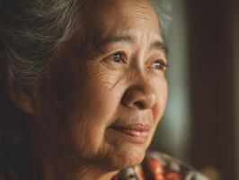 Elderly woman gazes thoughtfully into the distance, her face displaying wisdom and warmth. Her eyes reflect gentle light, and subtle lines mark her expressions of life experiences photo