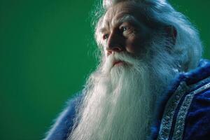 Elderly man with long white beard wearing a detailed blue robe gazes thoughtfully into the distance. His hair flows smoothly, and the expression on his face is serene and contemplative photo