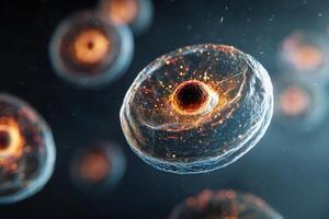 Microscopic view of spherical cell structures with glowing centers, showcasing intricate details and textures of cellular membranes several similar structures are blurred in the background photo
